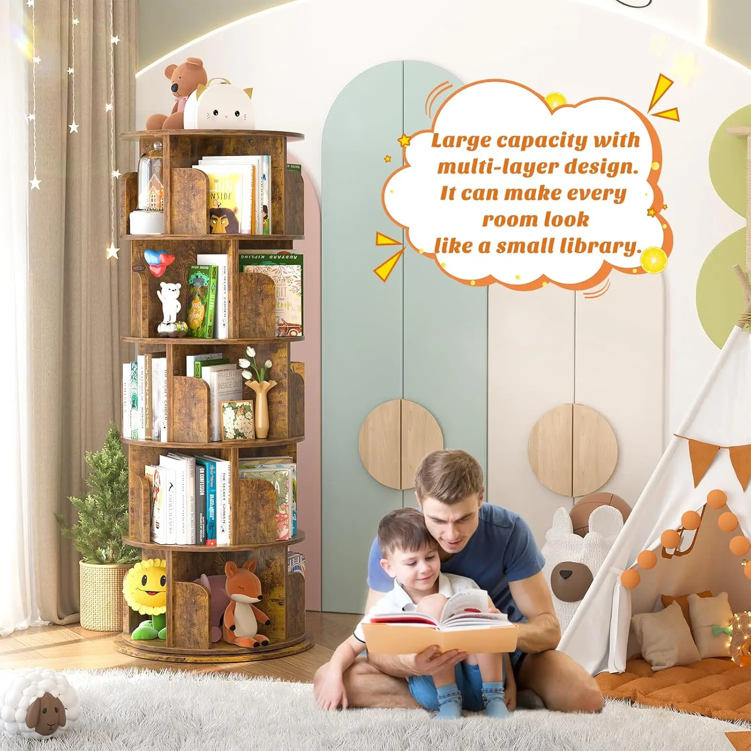 5 Tire Rotating Bookshelf 360 Degree Spinning Book Shelf Classroom Library Book Storage Organizer for Home Office Workshop
