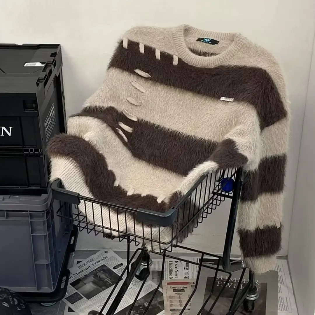 

Loose Fit Men's Knitwear 250 Pou Korean Lazy Sle Striped Mink Sweater Autumn Winter Large Size Trendy Top Youth Faion