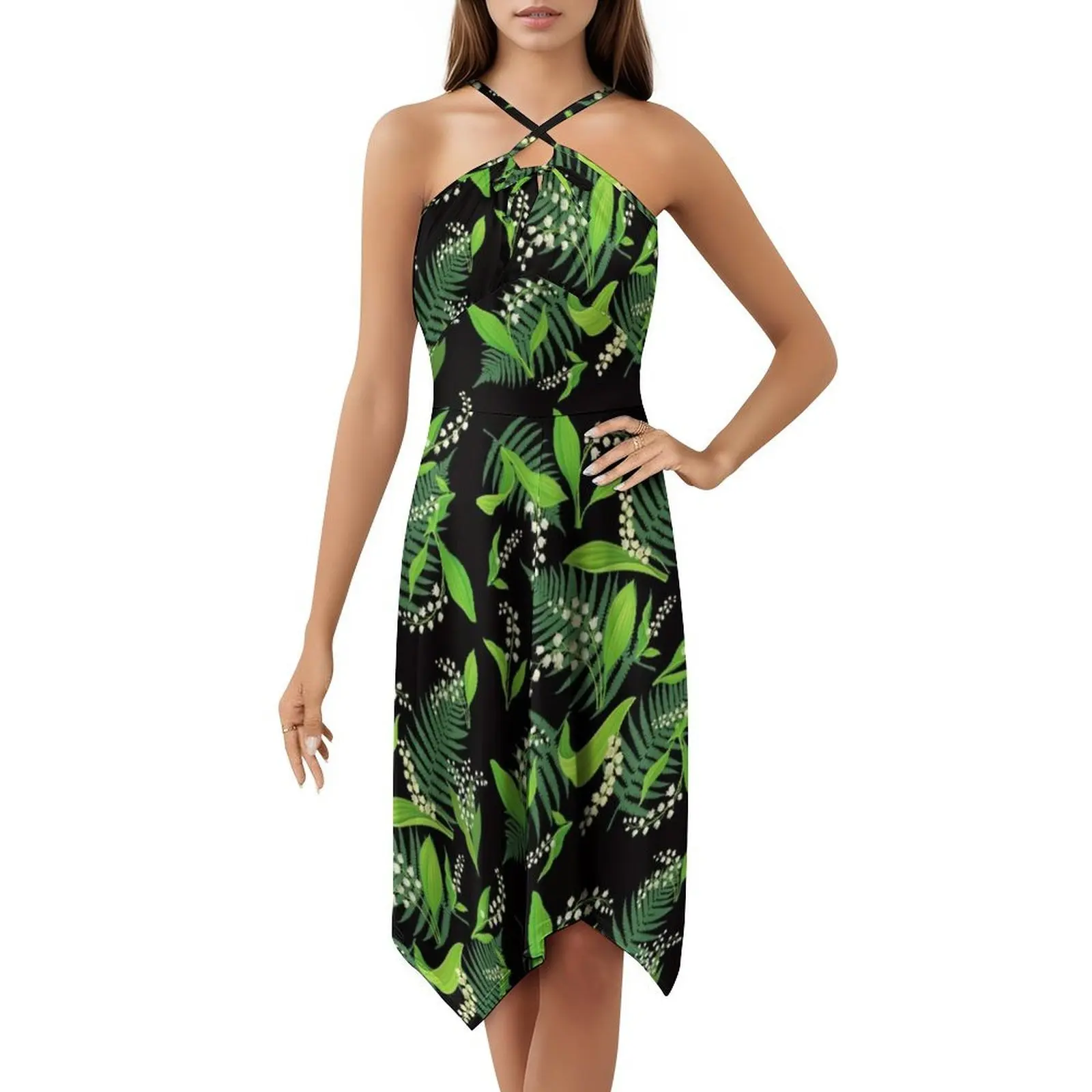 فستان قصير من زنابق الوادي على طراز بريبي للنساء على شكل حرف a فضفاض مناسب فستان يوم غير رسمي زهرة الزنبق والزهور وأوراق الشجر