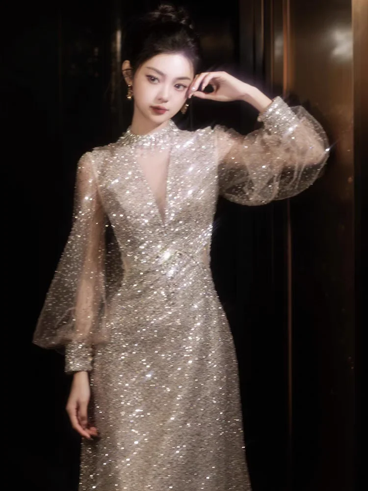 Ele Long Evening Gown Ne Hanging Fi Tail Sequin Host High End Luxury Faion New 2024 Neline Gown Wedding Dr