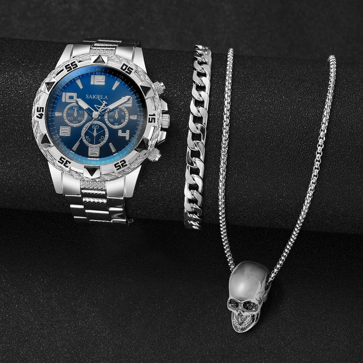 3pcs/set Fashion Men's Watch Set Handsome Hip Hop Style Business Men's Quartz Watch with Bracelet Skull Necklace Set No Box