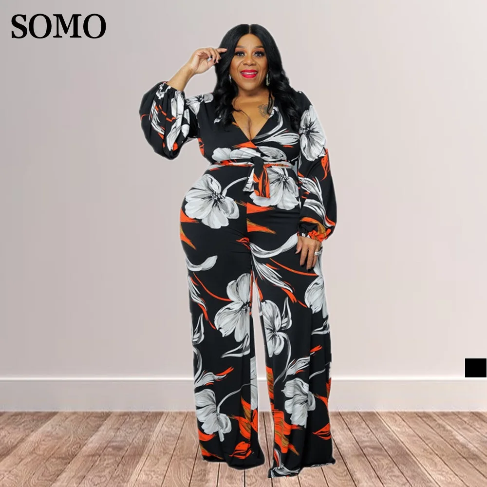 

Spring Big Large Size Jumpsuit Women Fashion Printed Elegant Puff Sleeve Long Pants Black Romper Wholesale Dropshipping