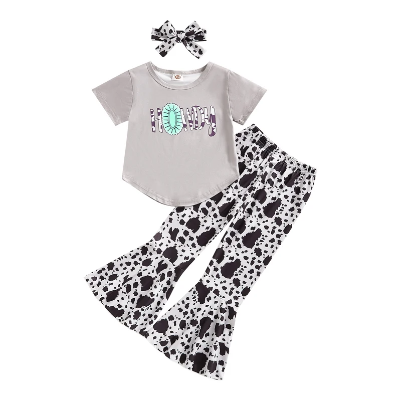 

Kids Girls Clothes Set Letter Print Crew Neck Short Sleeve T-Shirts Cow Pattern Print Print Flare Pants 3Pcs Set