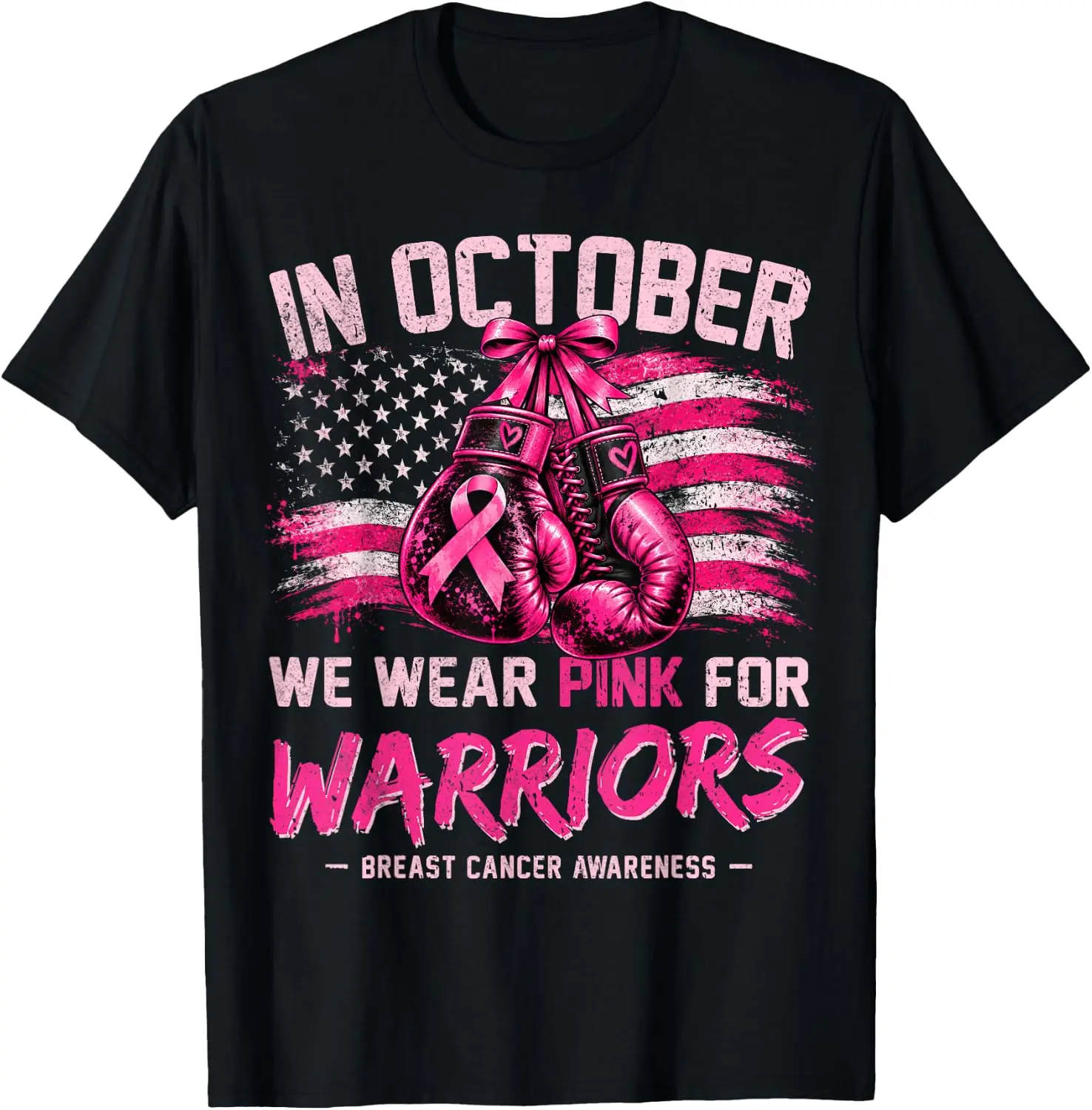 In October We Wear Pink For Warriors Breast Cancer Awareness T-Shirt Breathable, heavyweight pure cotton short-sleeve top—stylish, plus-size, and suitable for year-round wear with a sporty, casual vibe