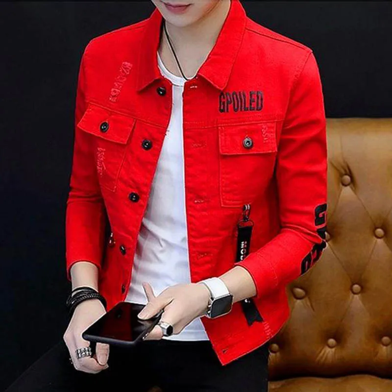 Spring Autumn 2020 Fashion Casual Hip Hop Printed Letter Korean Slim Men\'s Jacket Boys Denim Jacket Black Wild Casual Youth Coat