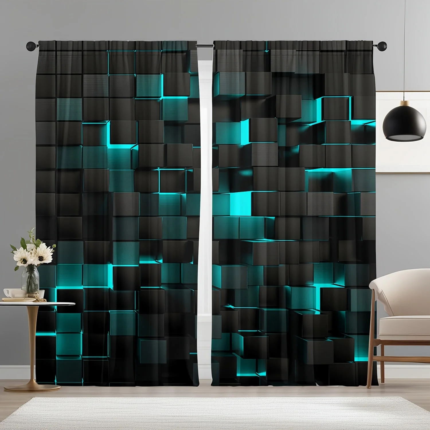 2PC Black Teal 3D Cube Light Sheer Curtains - Modern Futuristic Geometric Print Window Drapes for Living Room Bedroom Decor