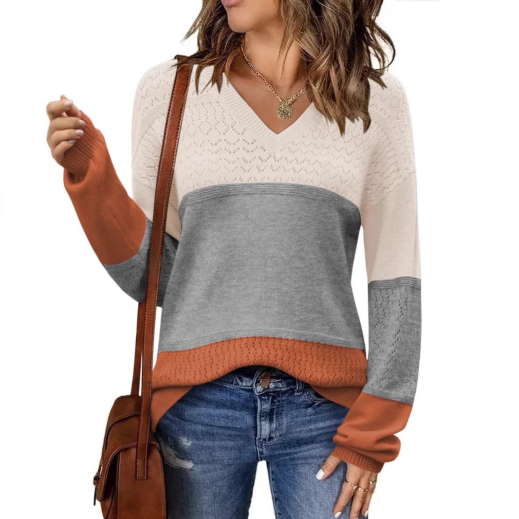 

New Style Sweater Contrasting Color Solid Color V-neck Hollow Pullover for Women