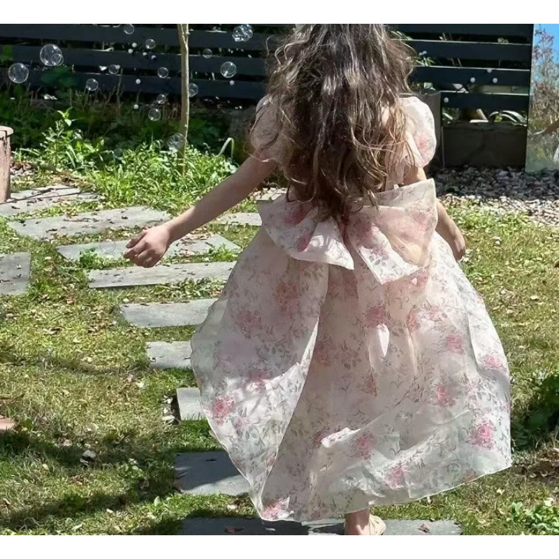 Girls Dress Summer New Childrens Vest Beautiful Little Girl Fashion Fragmented Flower Bow Princess Dress
