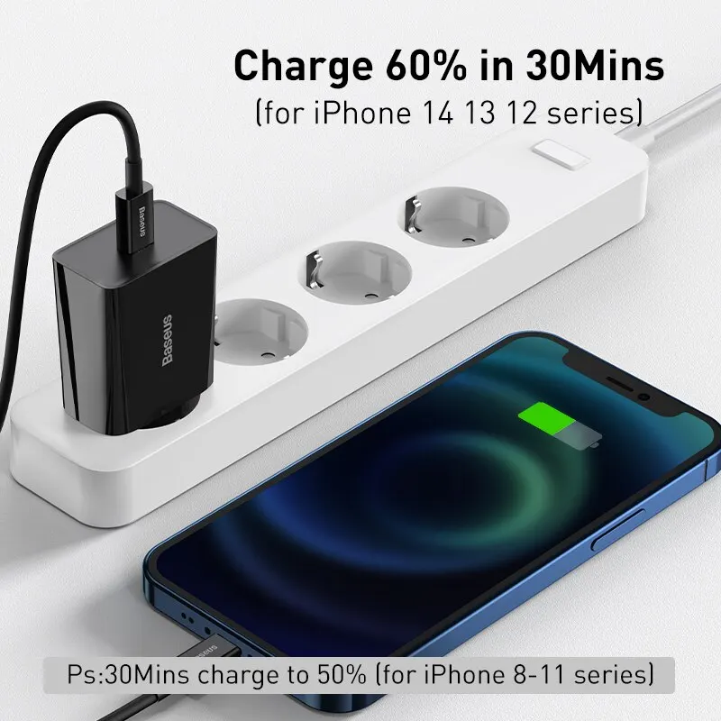 Baseus 20W Quick Charge QC 3.0 PD USB C Fast Charger Type C Charger for iPhone 15 14 13 12 X Xs 8 Xiaomi Samsung Phone Tablet image 3
