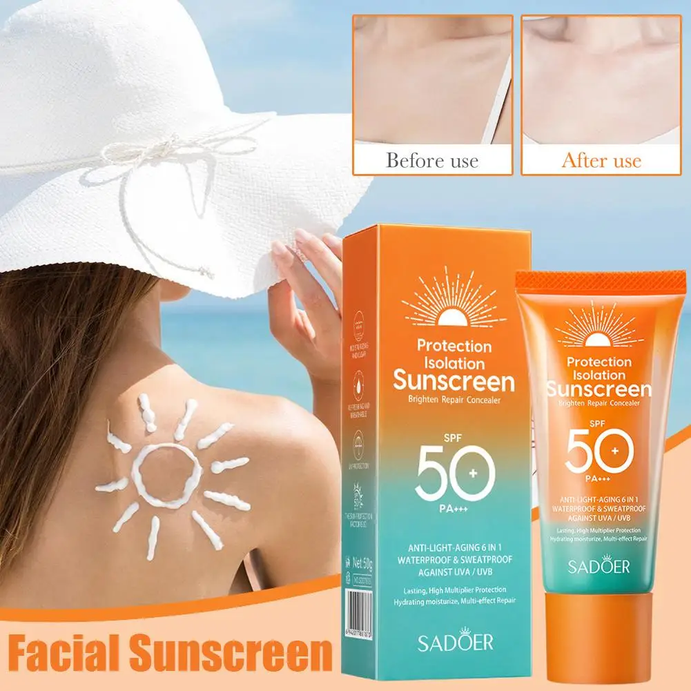 

50G SADOER Spf 50+ Солнцезащитный крем для защиты лица Солнечная защита для ухода за кожей Двойная трубка Мультиэффект Pa+++ Солнцезащитный крем для лица Солнечный блокатор S2G4