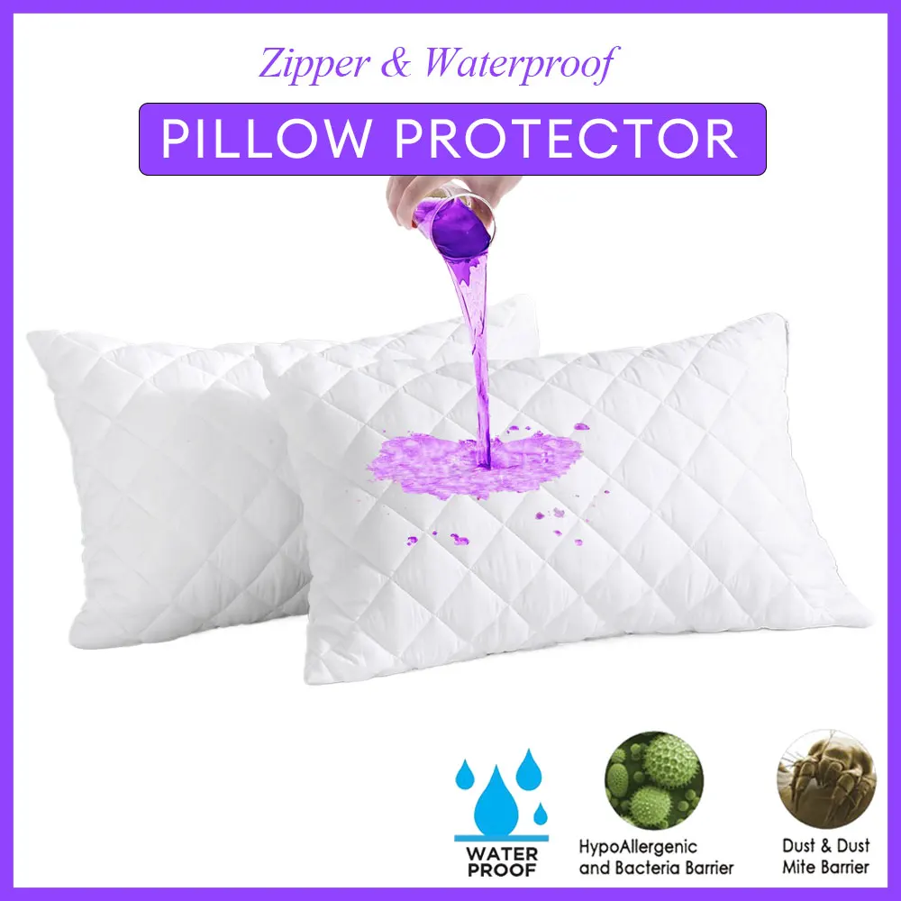 2pcs Thick Waterproof Pillow Protector Quilted Padding Pillow Cover with Zipper Bedbug Proof & Anti Mites