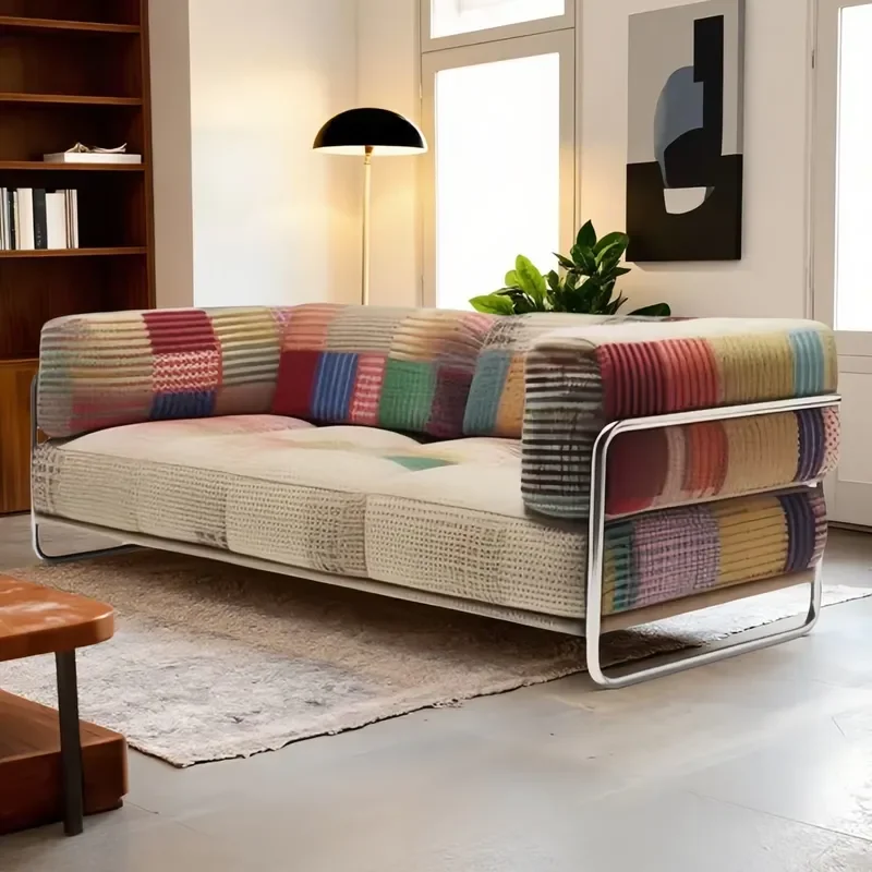Mid-Century Retro Fabric Sofa Colorful Two-Three Seater for Small Living Rooms Wrought Iron Set Sponge Filling
