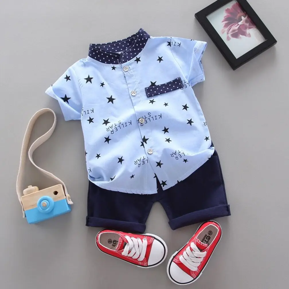 Infant Boys Daily Summer Clothes Set Star Letter Full Print Contrast Polka Dot Pocket Stand Collar Shirt Navy Shorts Suit
