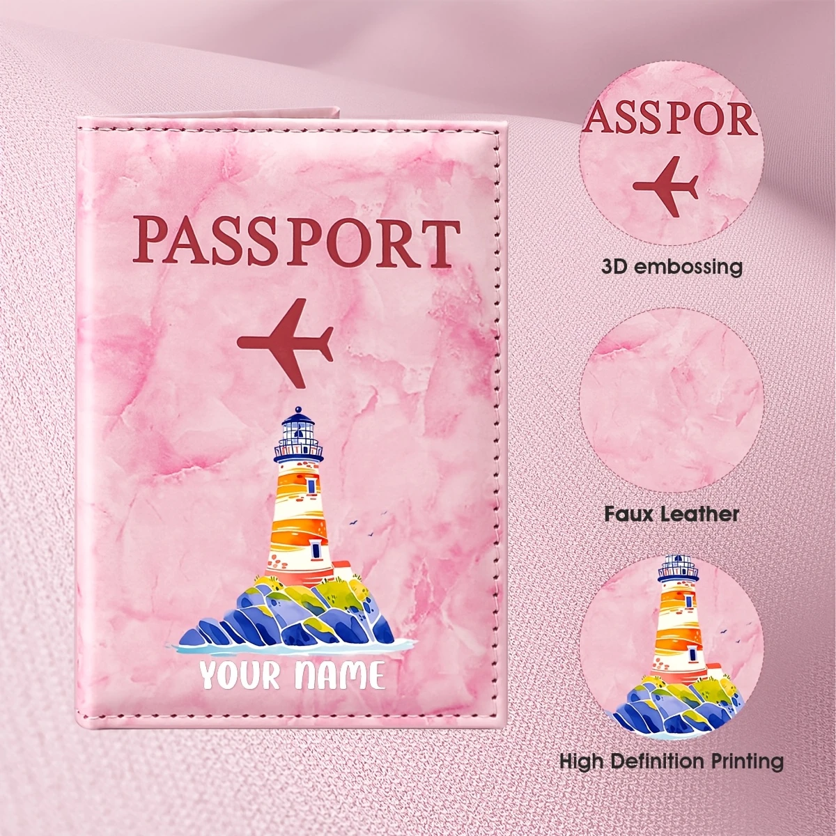 Personalized Watercolor Style Lighthouse Illustration PU Passport Holder, Featuring Blue Ocean And Orange Lighthouse Elements