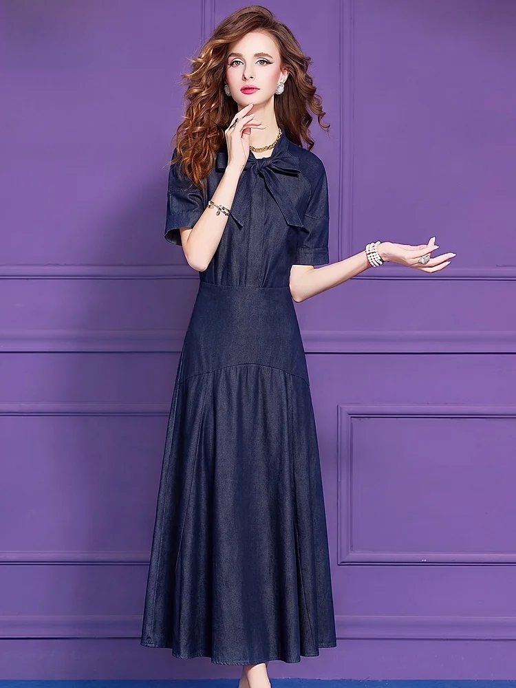 

Blue Denim Shirt Dress Women's Short Sleeve Summer Casual A-Line Skirt Design Knot Waistband Fashionable Ensemble