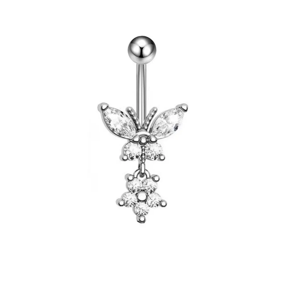 Daily Elegant Dangled Belly Ring Bow Zircon Butterfly Navel Piercing Personality Stainless Steel Curved Barbell Seaside