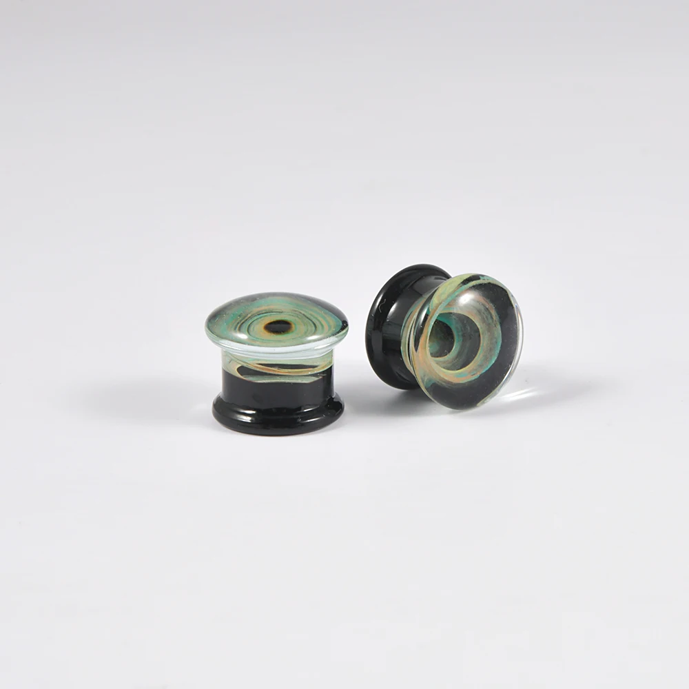 1Pair Glass Green Swirl Double Flare Flashback Ear Plug Tunnel Gauge For Men Women Ear Stretching Expander Piercing Body Jewelry