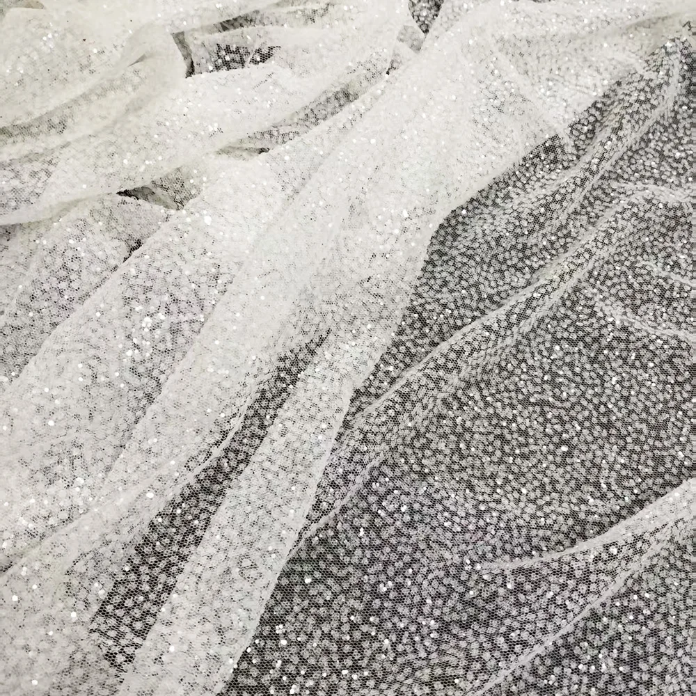 French White Wedding Dress Glue Printed Sequin Mesh Fabric Glitter Snow Silver Transparent Prom Dresses Net Fabric Fashion