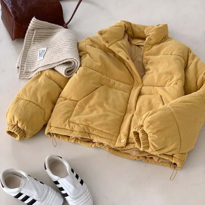 Giacca invernale in velluto a coste di cotone per donna tinta unita coreana colletto rialzato semplice caldo moda casual nuovo cappotto addensato femminile