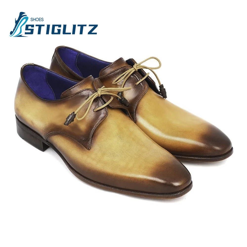 

New Brown Camel Gradient Rubbing Derby Shoes High Quality First Layer Cowhide Genuine Leather Oxfords Men's Wedding Dress Shoes