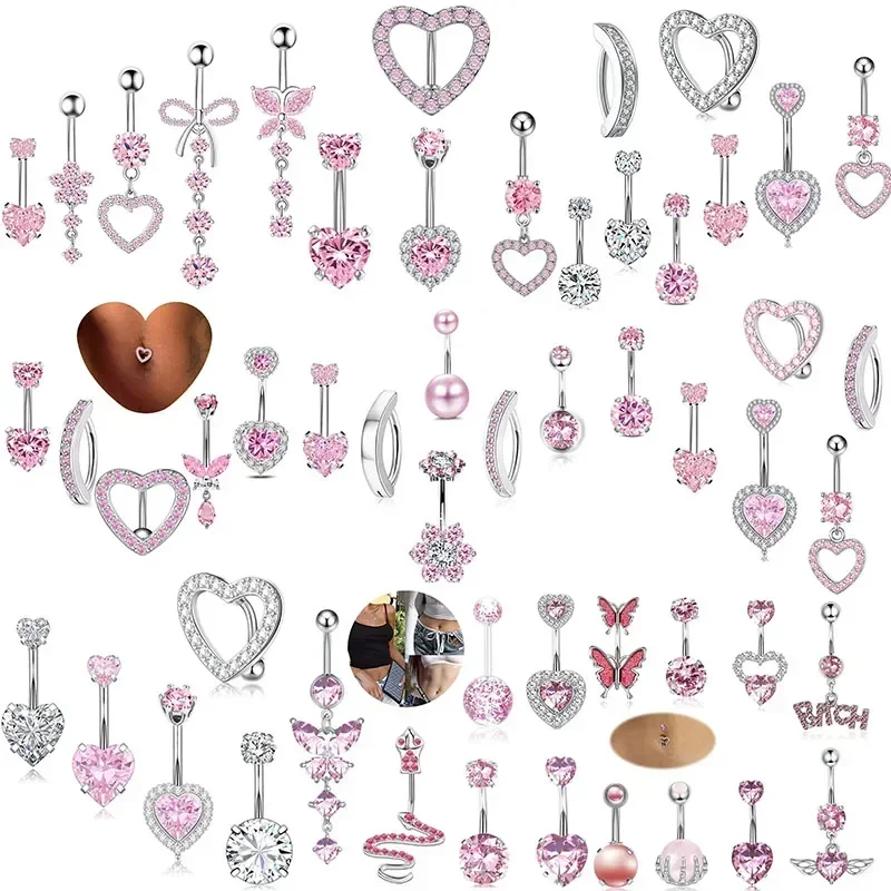 

Stainless Steel pink Belly Piercing Set 14G Butterfly Belly Button Ring Bulk Sexy Heart Navel Piercing flowers Belly Ring Lot