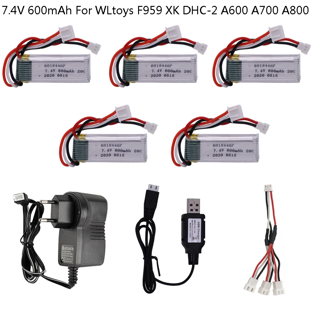 7.4V 600mAh 601844 20C 2S Lipo Battery with charger set for WLtoys F959 XK DHC-2 A600 A700 A800 A430 RC Cars Parts 7.4 v Battery