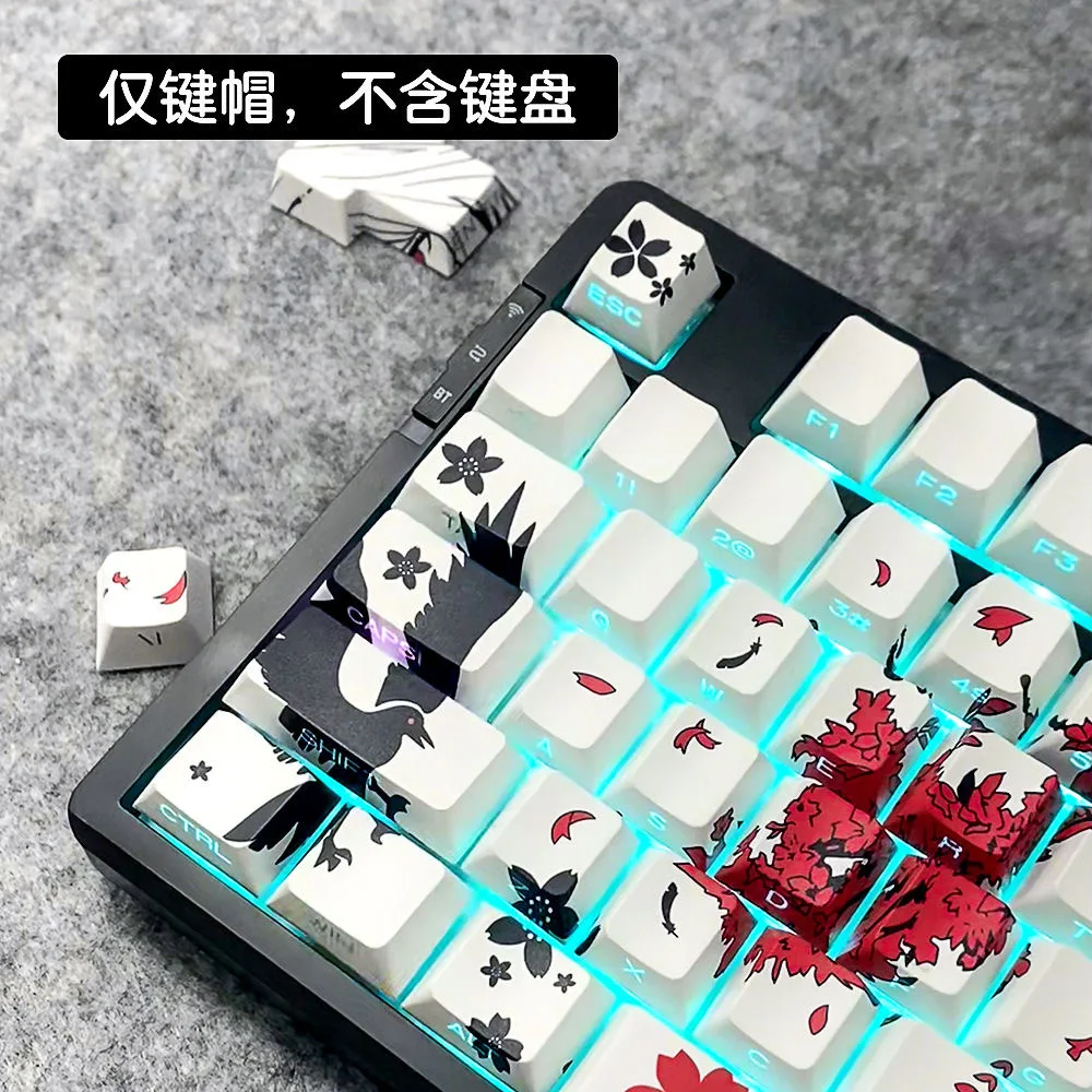 129 Raven Sakura Keycap Anime lucu Keycap Double Shot Sidelit bersinar melalui PBT Keycap untuk MX Keyboard mekanis