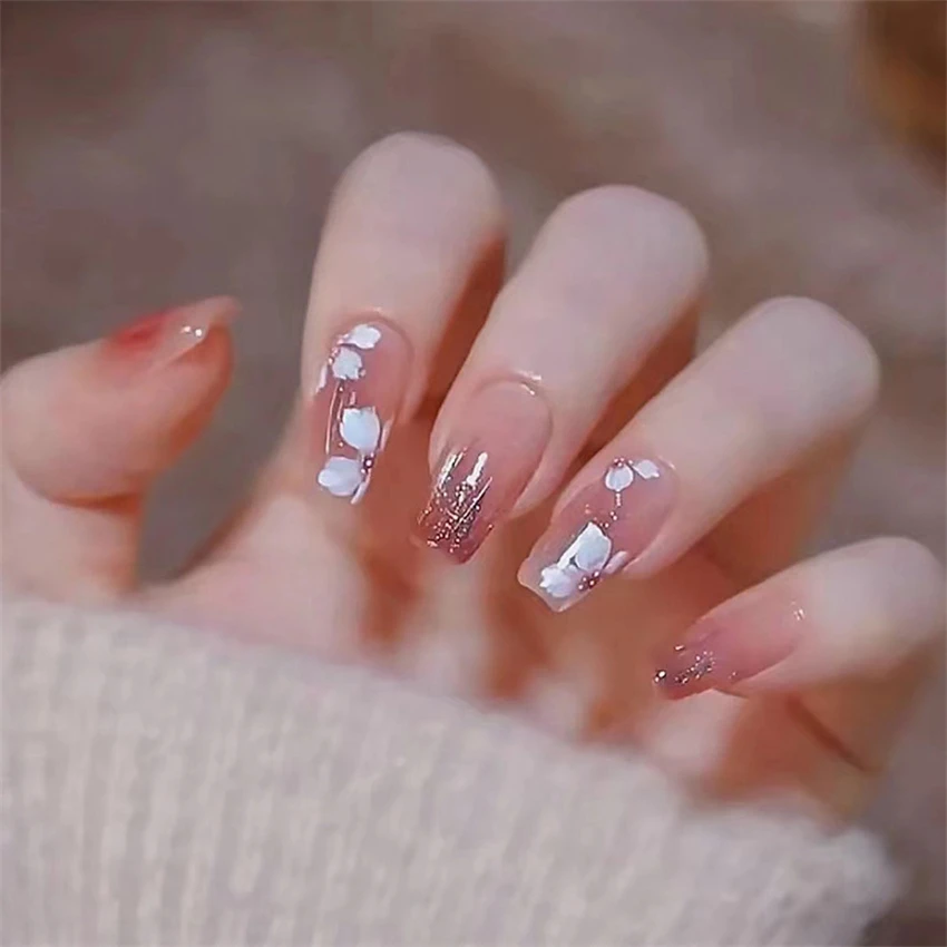 24Pcs/Set Small Fresh Peach Heart Long Wearing False Nails Sweet Removable Press on Nail Art Ręcznie robione francuskie akrylowe sztuczne paznokcie