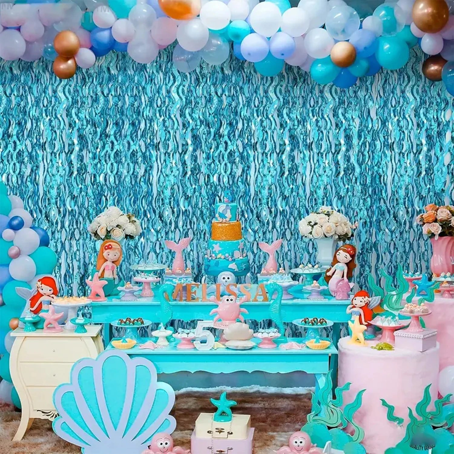 2PCS 2 * 1M metal wire foil tassel curtains in blue, suitable for baby showers, mermaids, underwater, ocean, and frozen party