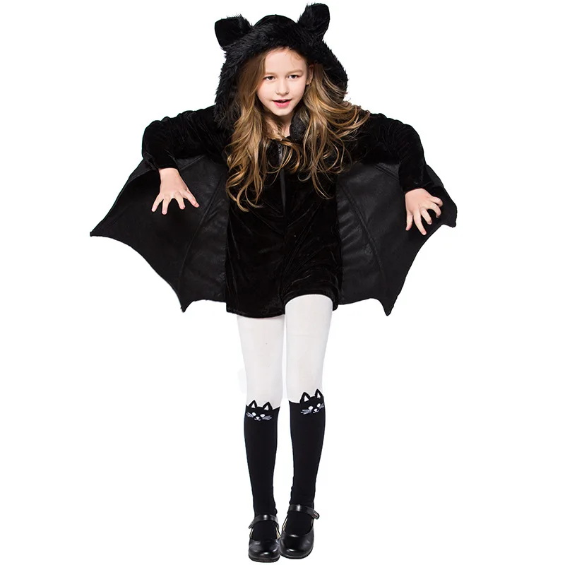 Girl Black Bat Cuff With Hat and Cape Costume Short Black Vampire Suitable for Cosplay Halloween Book Week Fancy Dress