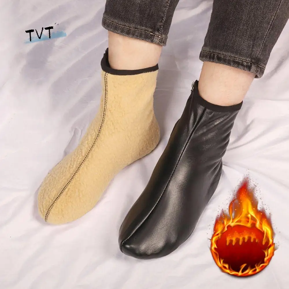 

Simple Anti-slip Zipper PU Foot Warmers Windproof Warm Winter PU Floor Socks Soft Thicken Thick Mid-calf Socks Winter Autumn