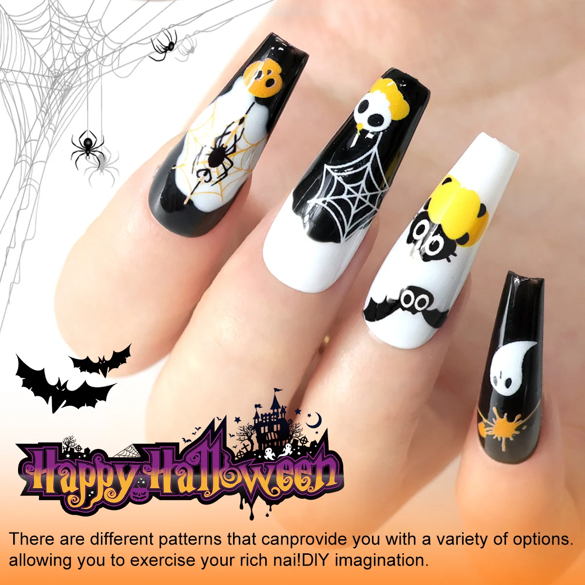 1pcs/3pcs Halloween Nail Stickers Skull Pumpkin Head Bat Nail Stickers Nail Art DIY Self-Adhesive Decals For Festive Manicure
