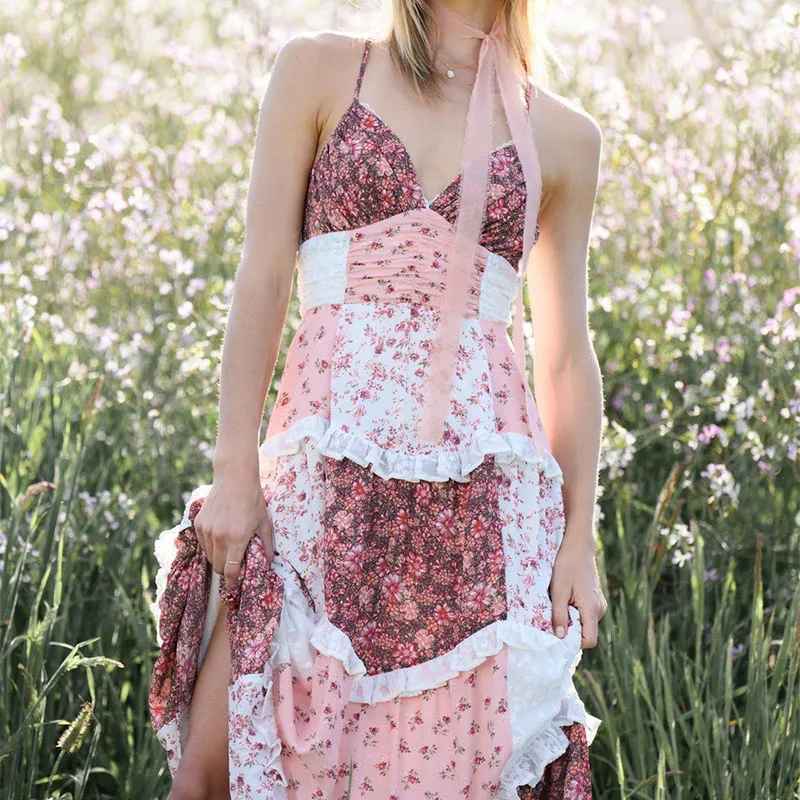 Casual ผู้หญิง Boho ปิดไหล่ชุดยาวเซ็กซี่พิมพ์ลายดอกไม้ Beach Sundress Elegant Holiday แขนกุด Patchwork Maxi Dresses