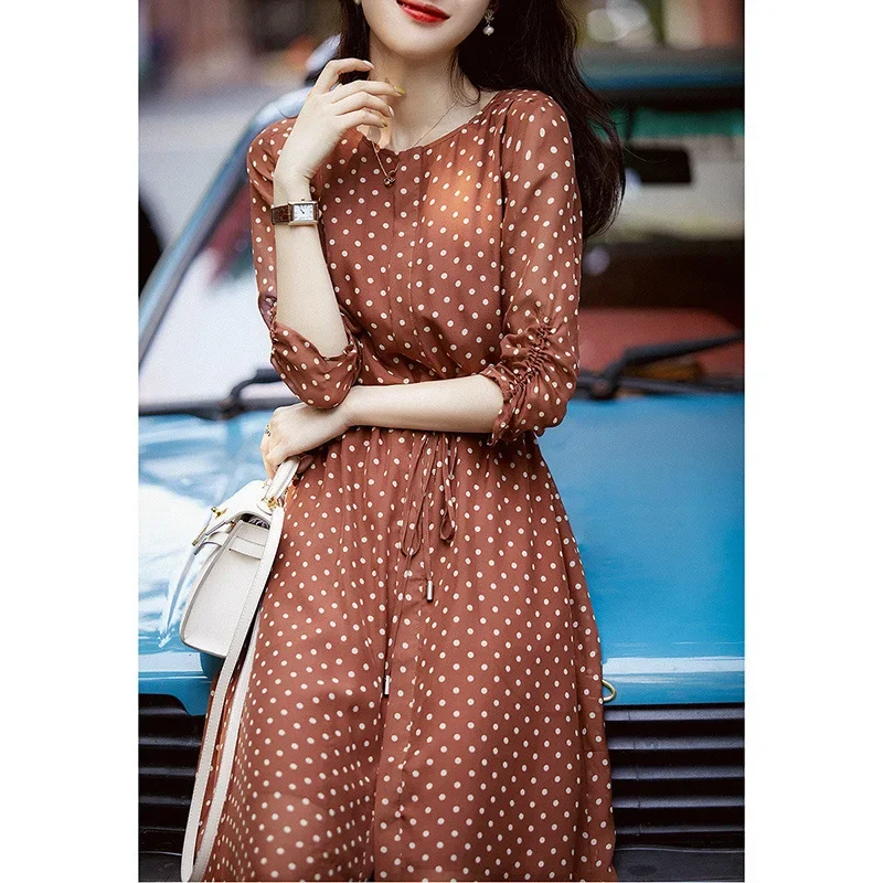 Brick Red Polka-dot Silk Dress 2024 Summer New Women's Cropped Sleeve Round Neck Drawstring Long Silk Dress