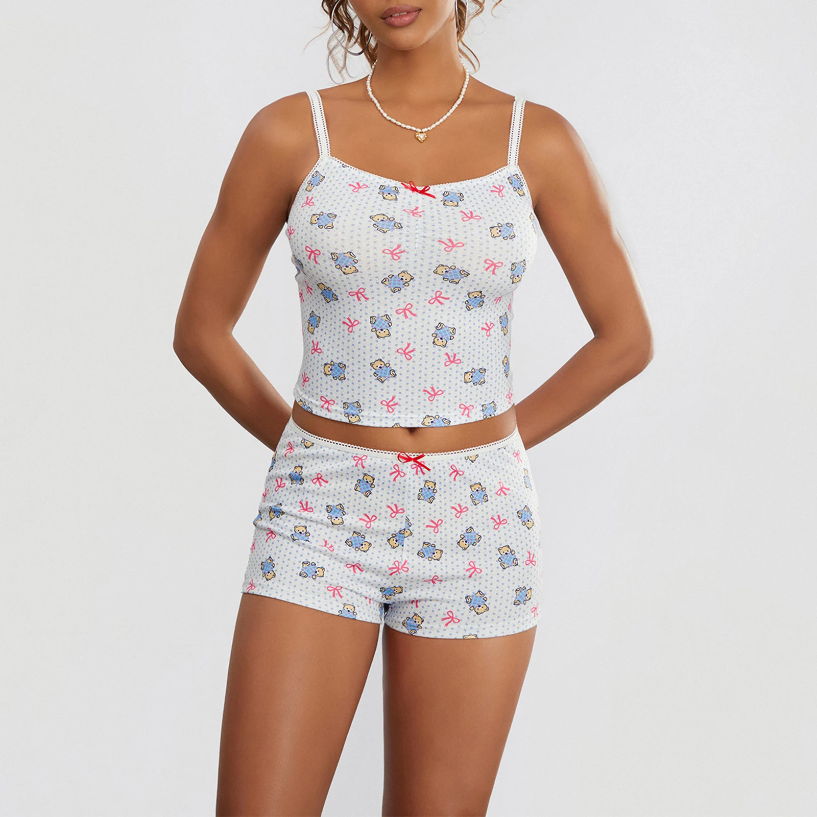 

Women Summer Two Piece Set Strapless Tube Top + Elastic Waist Shorts Cartoon Bear Print Chest Wrap Backless Loungewear Outfits