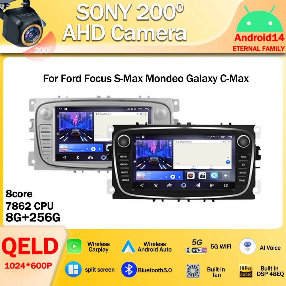 

Android 14 Car for Ford Focus Mondeo S-Max C-Max Galaxy Kuga 2008-2011 Multimedia Carplay Display 2Din Autoaudio Navigation G