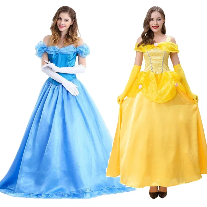 

Halloween Deluxe Princess Costume Adult Women Fairytale Role Play Belle Dress Off Shoulder Ball Gowns