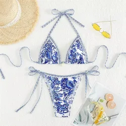 Blue Floral Print Micro Bikini Thong Bandeau String Swimwear Sexy Swimsuit Women High Cut Bathing Suit Bow Bikinis Sets 2025