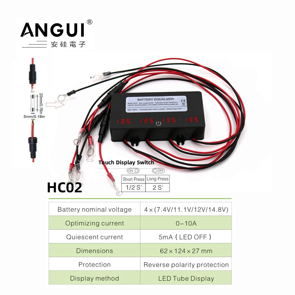 ANGUI HC02 Battery Equalizer with Touch Switch 24V 36V 48V Batteries Monitor Tester Voltage Active Balancer Lead Acid Li-ion Con