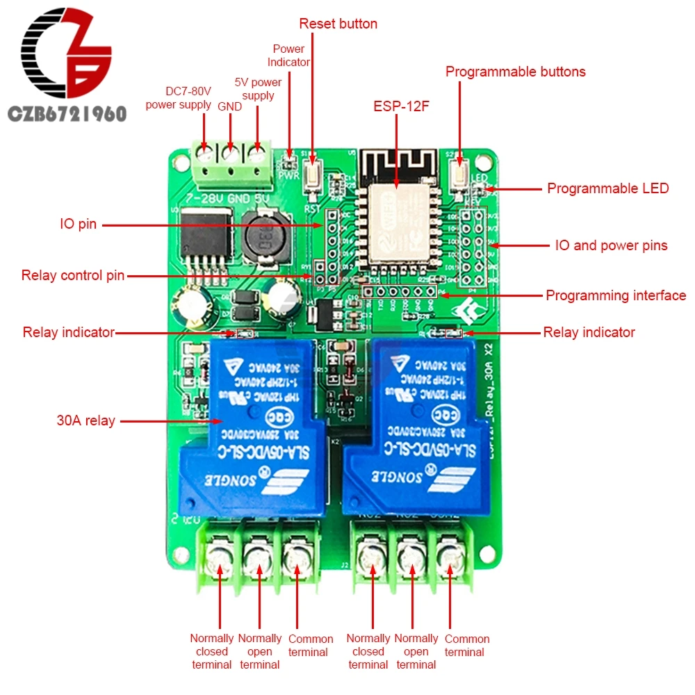 ESP8266 WIFI 1/2/4 CH Channel 30A Relay Module DC 12V 24V ESP-12F Development Board DC 7V-28V 5V For Smart Home Wireless Control