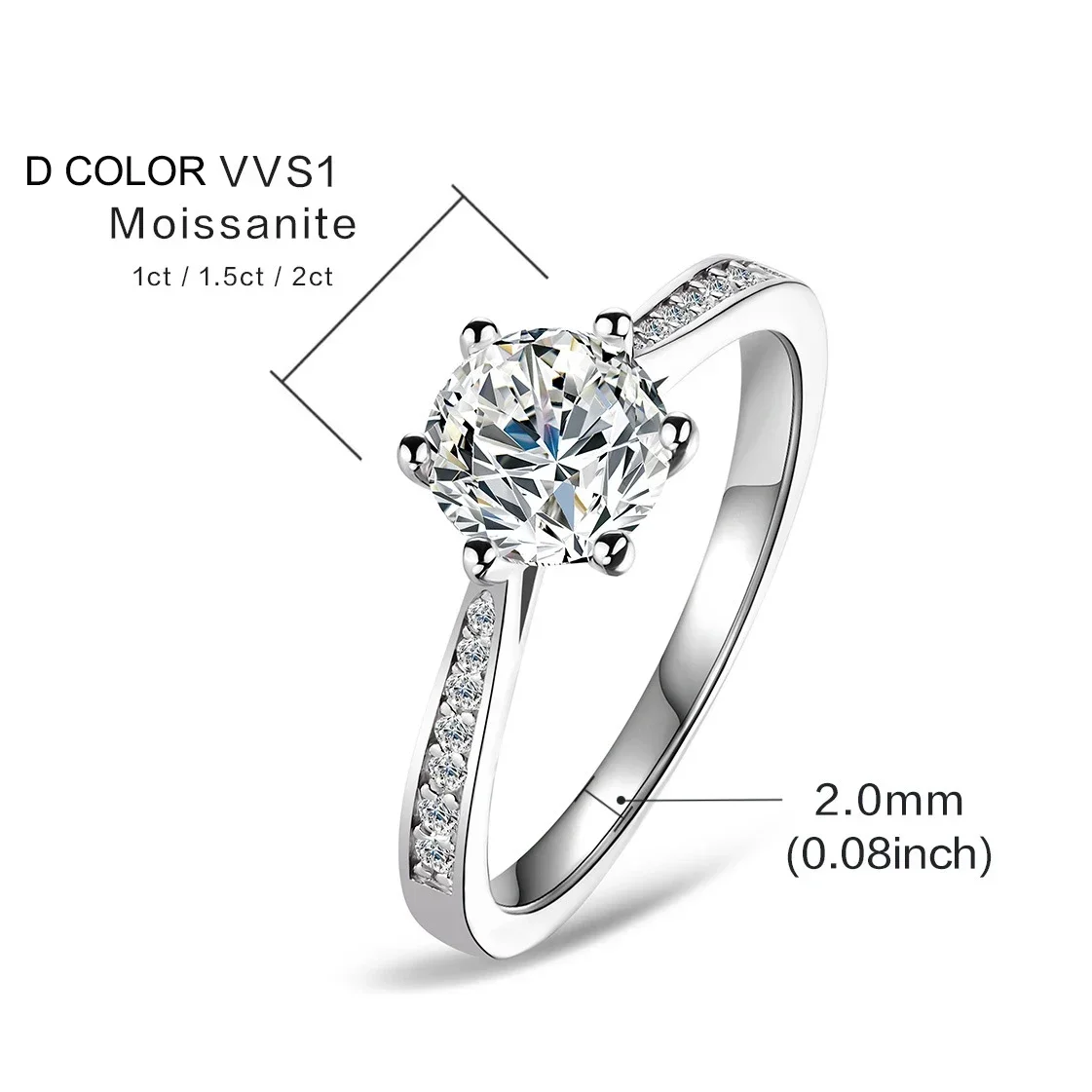 1ct 1.5ct 2ct Moissanite Wedding Ring for Women Sterling Silver Round Brilliant Diamond Solitaire Engagement Rings Gift