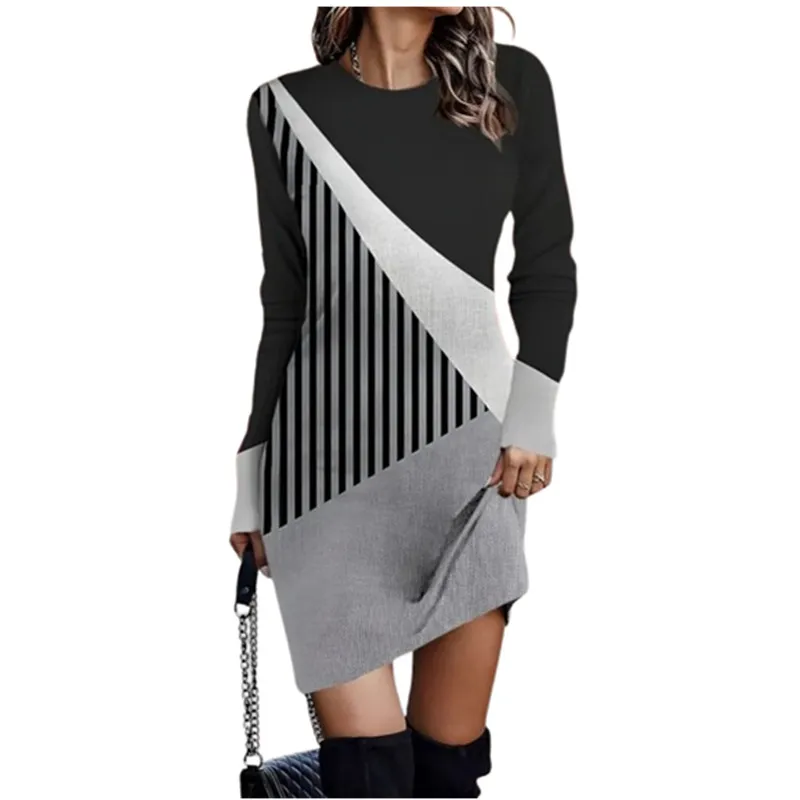 Women\'s Casual Vestido Long Sleeve Dress Patchwork Korean Outdoor Vintage Dresses Crew Neck Print Geometric Striped Loose Robe