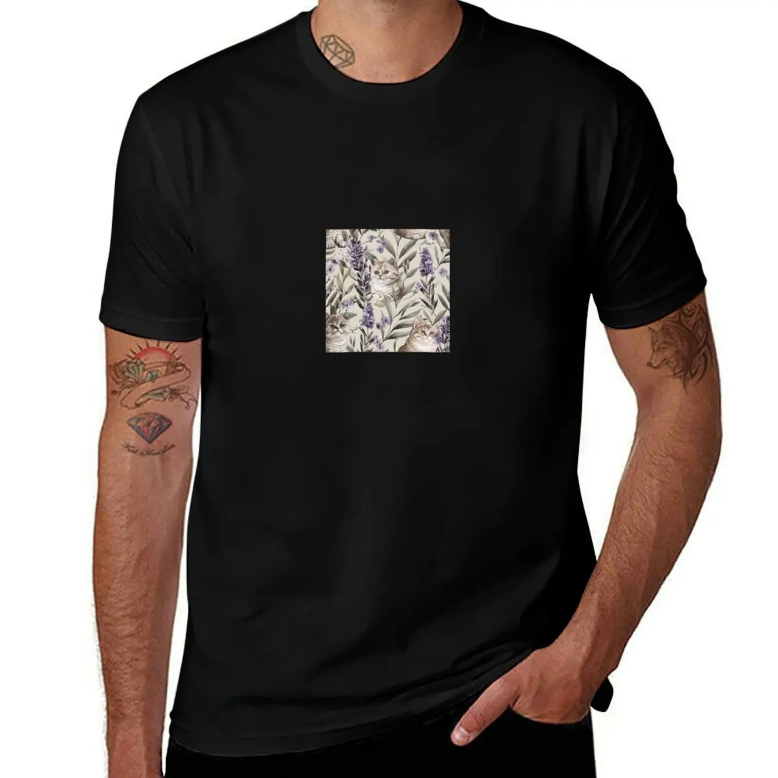 Camiseta de gato de campo británico en lavanda y oliva, camiseta divertida, camisetas de algodón, peso pesado de gran tamaño, moda para hombre