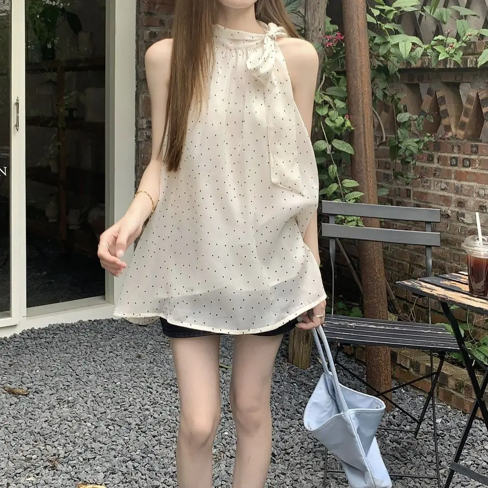 

Comfortable Y2k Sleeveless Crop Top Sweet Chic Dot Lace Up Vest Top Korean Style Loose Women Camisole Summer