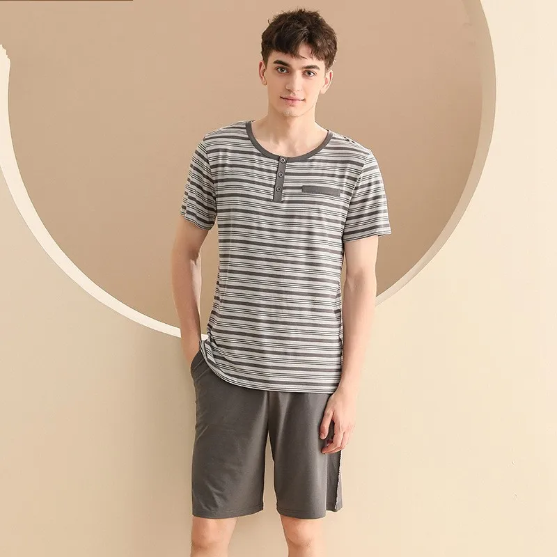 Summer Plus Size Two-Pieces Men Casual Pajama Sets Modal Cotton Sleepwear Suit Men Plaid Short Sleeve T Shirt & Half Pants