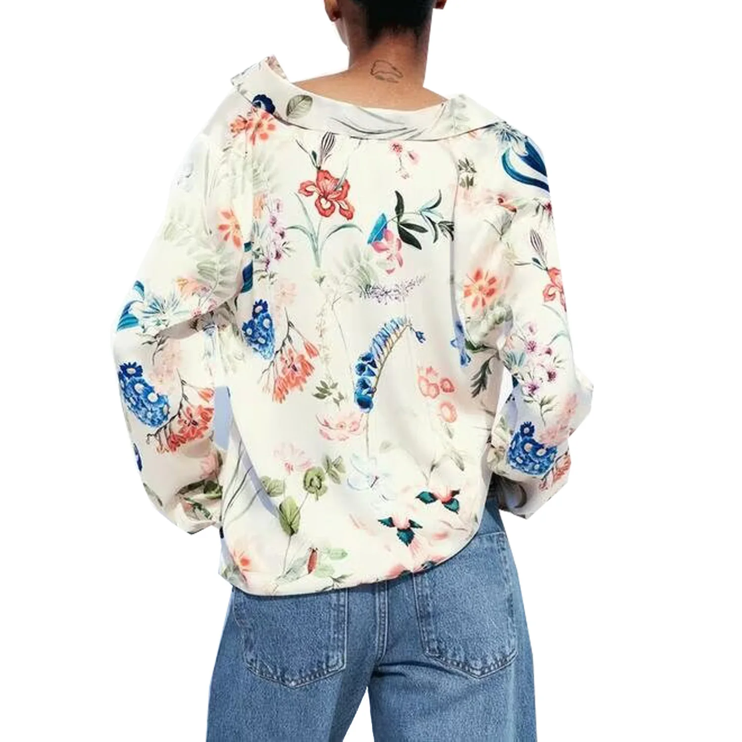 Women\'s New Shirt Flower Printed Silk Satin Fashion Casual Versatile Long sleeved Single breasted Top