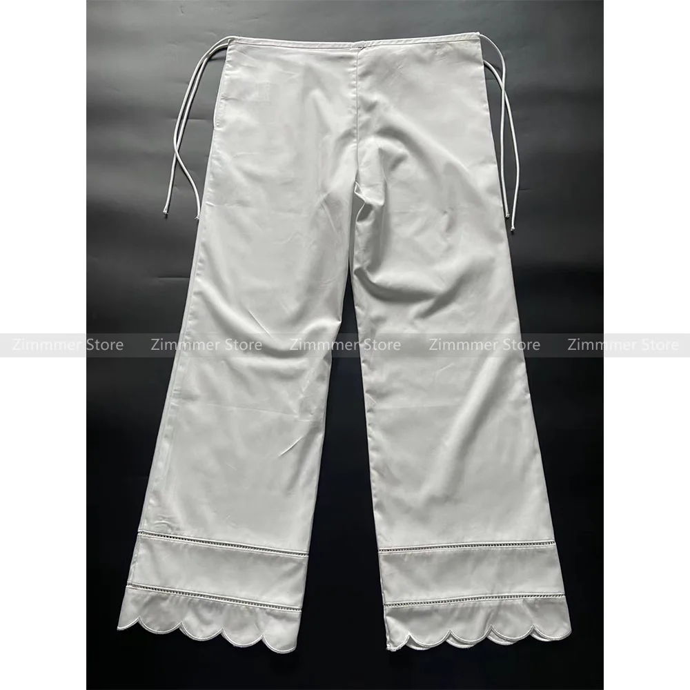 Niche 2024 summer and autumn fashion white drawstring tie adjustable waist leg lace casual straight trousers female