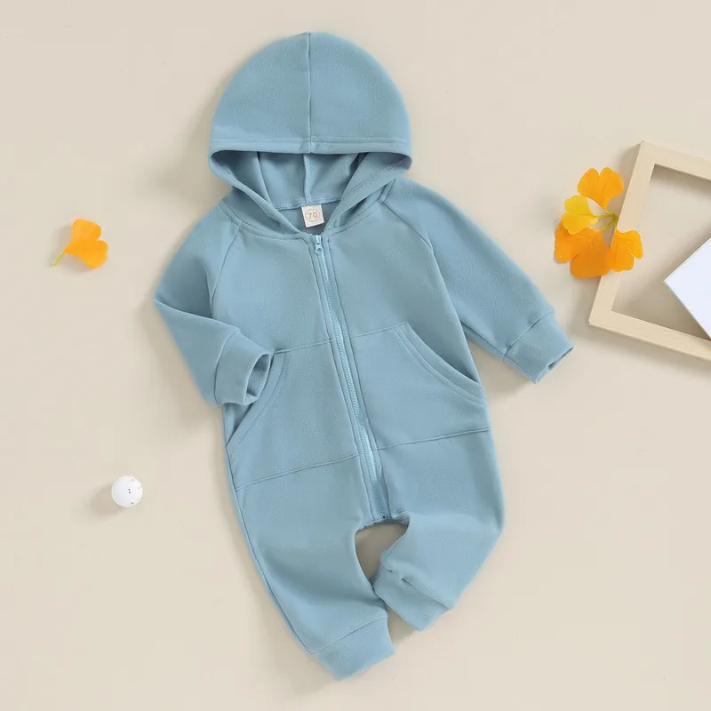 Newborn Baby Boy Hooded Romper Spring Autumn Clothes Solid Color Long Sleeve Zipper Jumpsuit for Kids Infant Baby Clothing