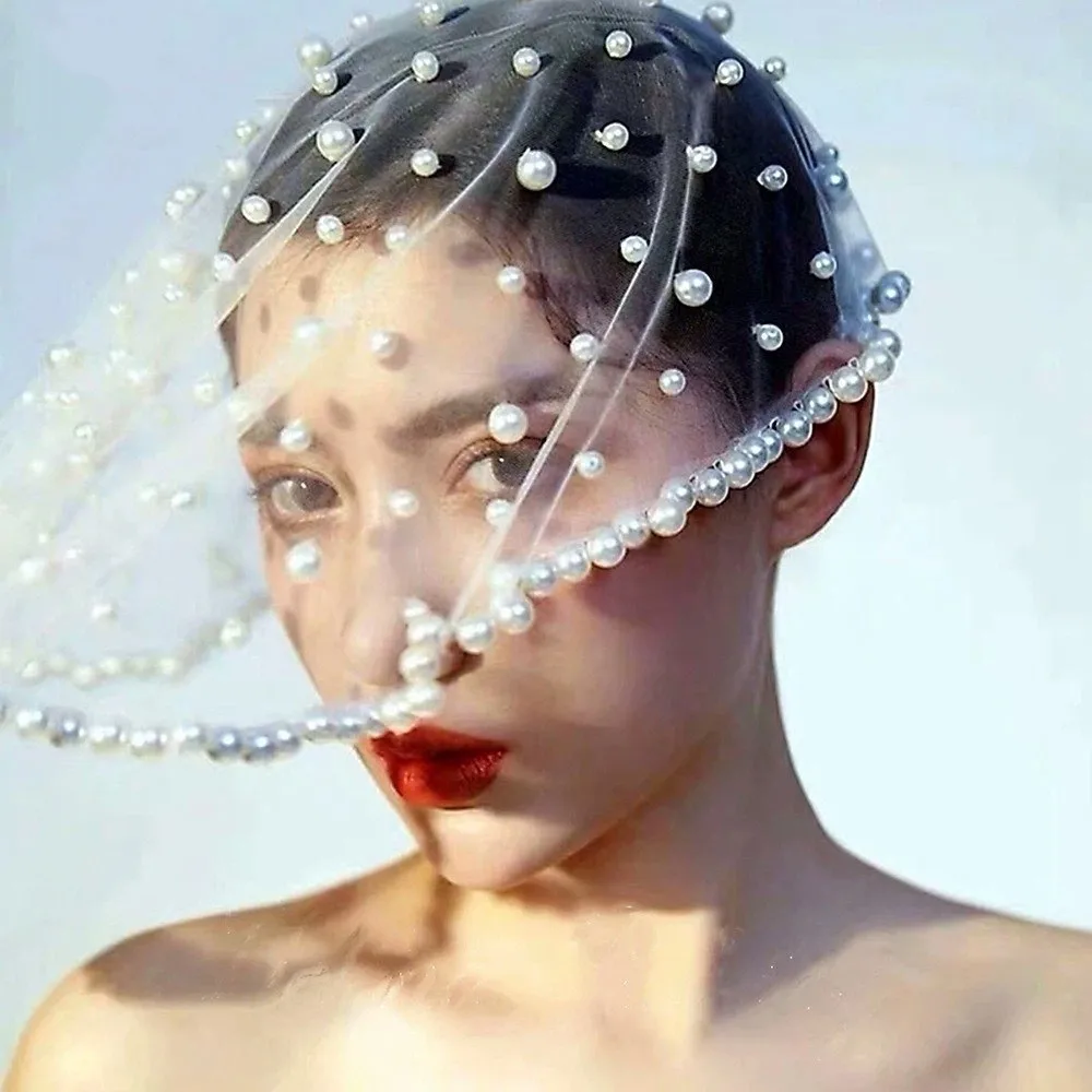 Vintage White Black Red Pearls Beads Brides Veil Headwear Solid Color Short Bride Head Gauze Tulle Wedding Veils Wedding image 3
