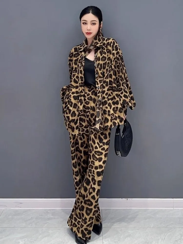 

Fashion Leopard Print 2 Pieces Pants Set Women Loose Long Sleeve Shirts Wide Leg Pants Outfits Autumn Female Vintage Streetwear